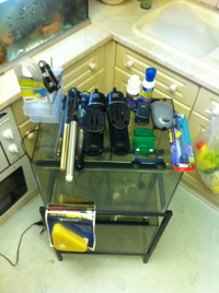 SOLD 2 x fishtanks with glass sliders - metal stand and equipment PLUS lots of extras