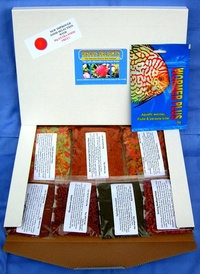 DISCUS DELIGHTS THE GOURMET FISH FOOD HAMPER. SEVEN DIFFERENT FOODS, ONE FOR EACH DAY IN EVERY PACK.