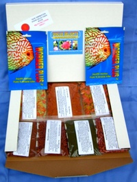 DISCUS DELIGHTS THE GOURMET FISH FOOD HAMPER. SEVEN DIFFERENT FOODS, ONE FOR EACH DAY IN EVERY PACK.