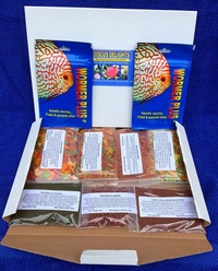 Discus delights, gourmet discus fish food hamper. Net weight of foods 210g.